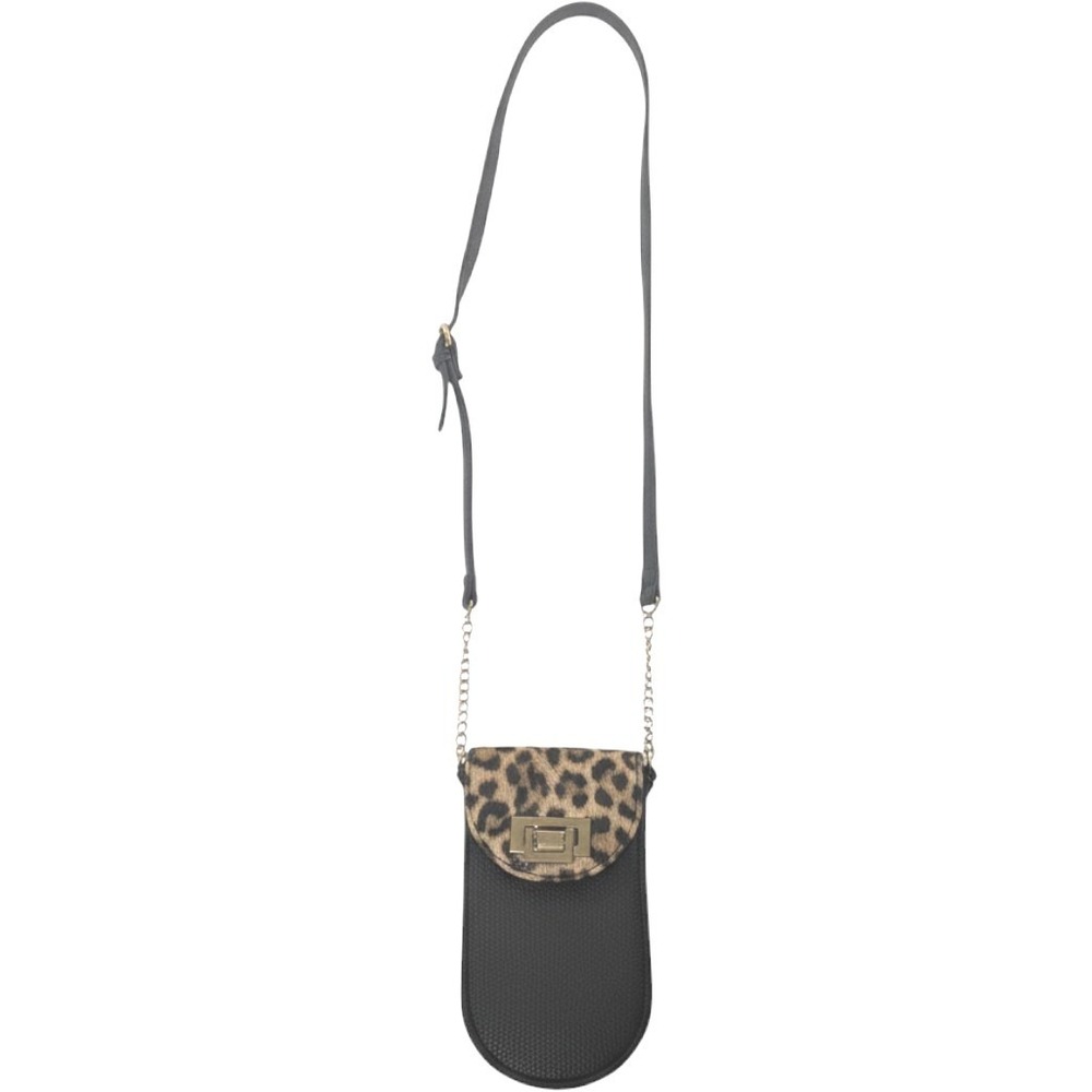 Chic Leopard Flap Mini Crossbody Phone Bag Black Faux Leather Gold Hardware